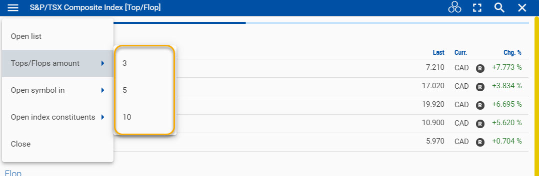 Choosing the number of stocks shown under top/flop using the widget menu.